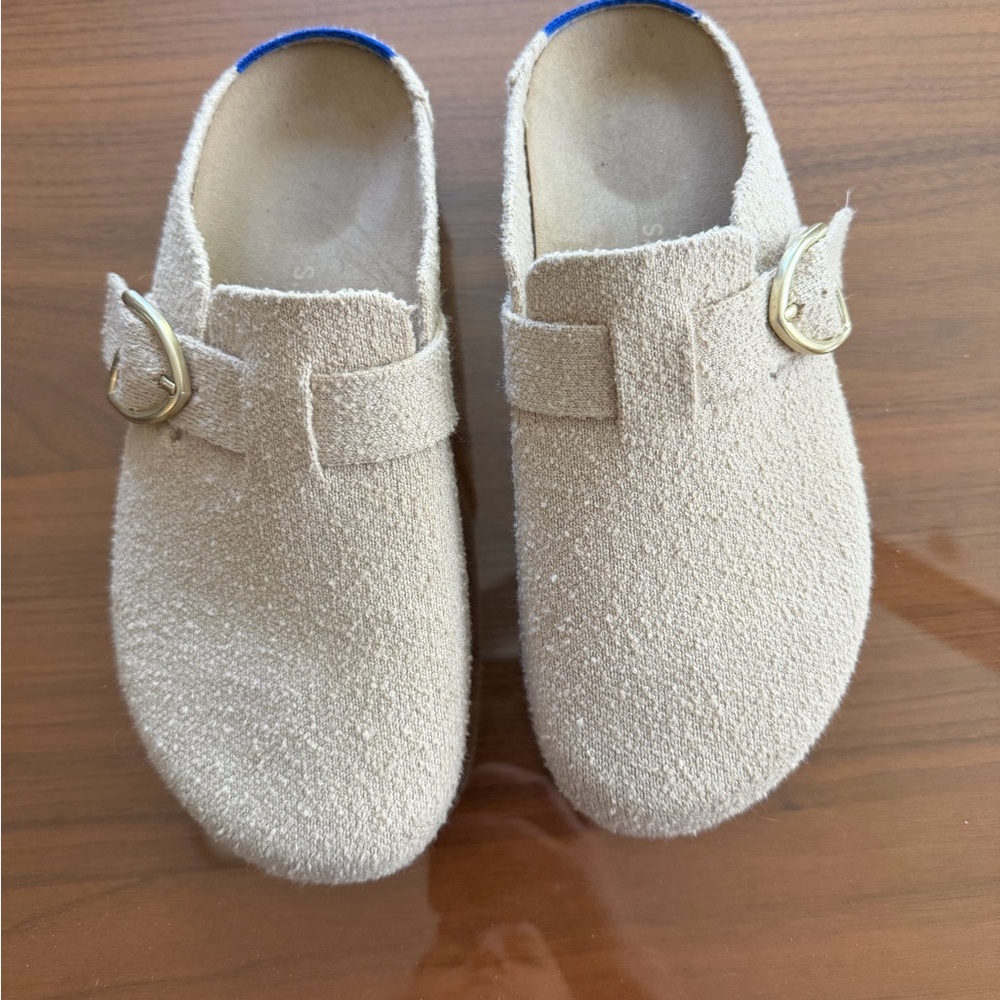 Rothy's beige buckle clogs